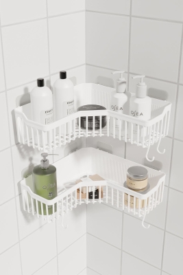 Banyor Beyaz Köşe Yapışkanlı Banyo Rafı - 2'li Duvar Şampuanlık, Düzenleyici ve Organizer - 2