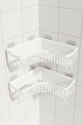 Banyor Beyaz Köşe Yapışkanlı Banyo Rafı - 2'li Duvar Şampuanlık, Düzenleyici ve Organizer - 3