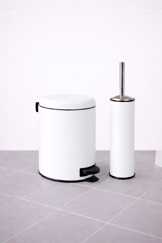 Beyaz 2'li Banyo Seti - Metal Çöp Kovası 3 Lt Ve Wc Fırçası Takımı Elit 7200 - 5