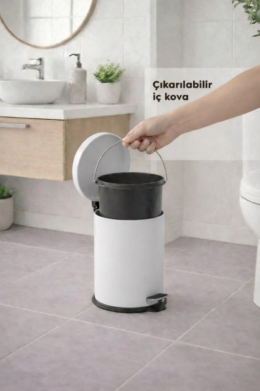 Beyaz 2'li Banyo Seti - Metal Çöp Kovası 3 Lt Ve Wc Fırçası Takımı Elit 7200 - 7