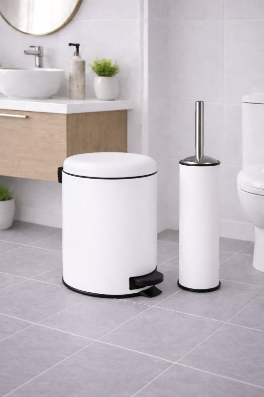 Beyaz 2'li Banyo Seti - Metal Çöp Kovası 3 Lt Ve Wc Fırçası Takımı Elit 7200 - 1