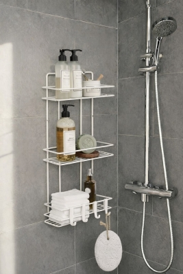 Beyaz 3 Katlı Banyo Rafı Şampuanlık Ve Duş Rafı Askılı Yapışkanlı Duvara Monte TŞ-03 - Sas Haus