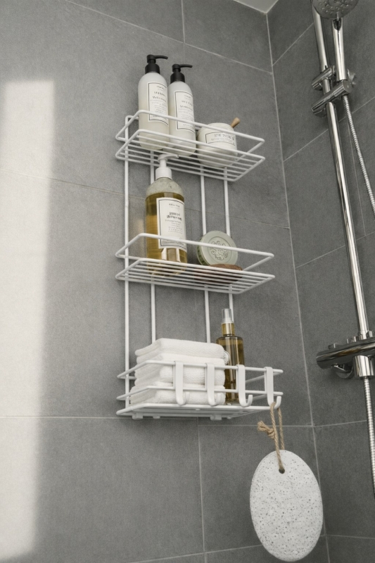 Beyaz 3 Katlı Banyo Rafı Şampuanlık Ve Duş Rafı Askılı Yapışkanlı Duvara Monte TŞ-03 - 5