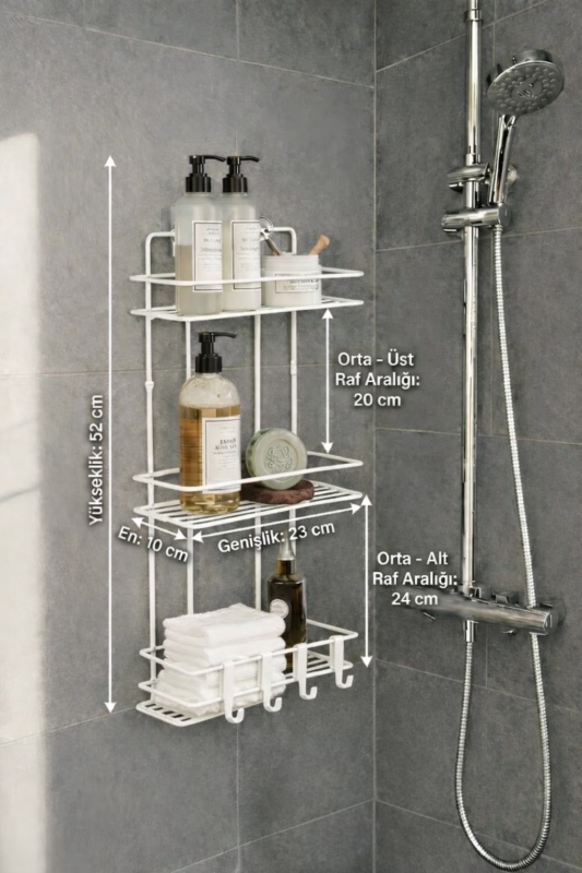 Beyaz 3 Katlı Banyo Rafı Şampuanlık Ve Duş Rafı Askılı Yapışkanlı Duvara Monte TŞ-03 - 7