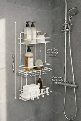 Beyaz 3 Katlı Banyo Rafı Şampuanlık Ve Duş Rafı Askılı Yapışkanlı Duvara Monte TŞ-03 - 7