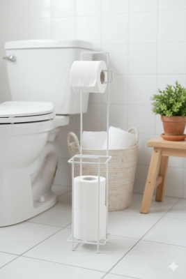 Beyaz Ayaklı Kare Tuvalet Kağıtlığı, Yedek Rulo Hazneli, Paslanmaya Dayanıklı WC Kağıtlık - 1