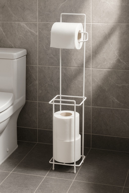 Beyaz Ayaklı Kare Tuvalet Kağıtlığı, Yedek Rulo Hazneli, Paslanmaya Dayanıklı WC Kağıtlık - 2