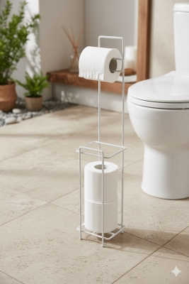 Beyaz Ayaklı Kare Tuvalet Kağıtlığı, Yedek Rulo Hazneli, Paslanmaya Dayanıklı WC Kağıtlık - 3