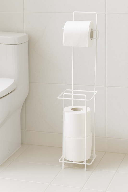 Beyaz Ayaklı Kare Tuvalet Kağıtlığı, Yedek Rulo Hazneli, Paslanmaya Dayanıklı WC Kağıtlık - 4