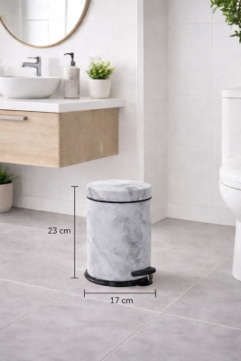 Beyaz Mermer Desenli 2'li Banyo Seti - Metal Çöp Kovası 3 Lt ve WC Fırçası Takımı - 2