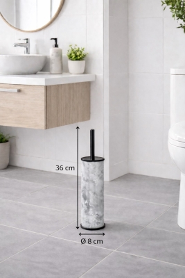 Beyaz Mermer Desenli 2'li Banyo Seti - Metal Çöp Kovası 3 Lt ve WC Fırçası Takımı - 3