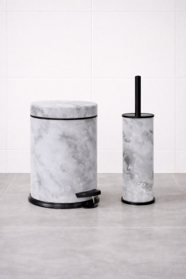 Beyaz Mermer Desenli 2'li Banyo Seti - Metal Çöp Kovası 3 Lt ve WC Fırçası Takımı - 4
