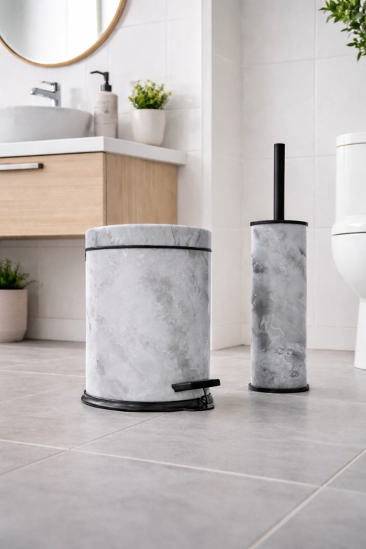 Beyaz Mermer Desenli 2'li Banyo Seti - Metal Çöp Kovası 3 Lt ve WC Fırçası Takımı - 5