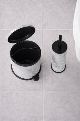 Beyaz Mermer Desenli 2'li Banyo Seti - Metal Çöp Kovası 3 Lt ve WC Fırçası Takımı - 6