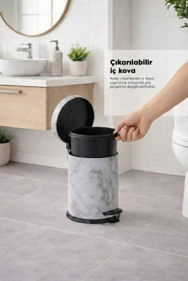Beyaz Mermer Desenli 2'li Banyo Seti - Metal Çöp Kovası 3 Lt ve WC Fırçası Takımı - 7