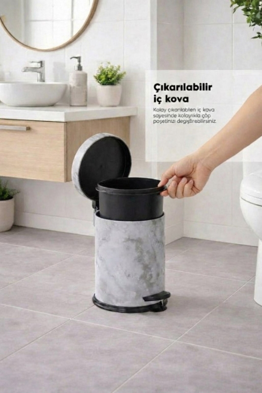 Beyaz Mermer Desenli 2'li Banyo Seti - Metal Çöp Kovası 3 Lt ve WC Fırçası Takımı - 7