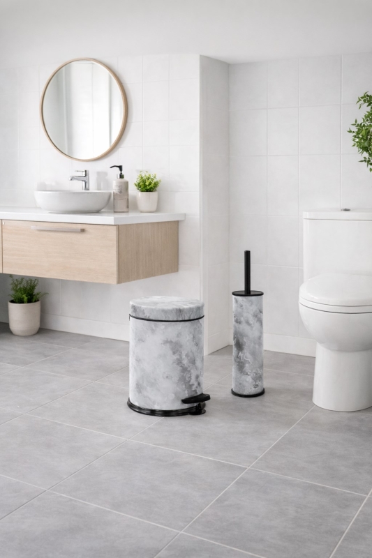 Beyaz Mermer Desenli 2'li Banyo Seti - Metal Çöp Kovası 3 Lt ve WC Fırçası Takımı - 8