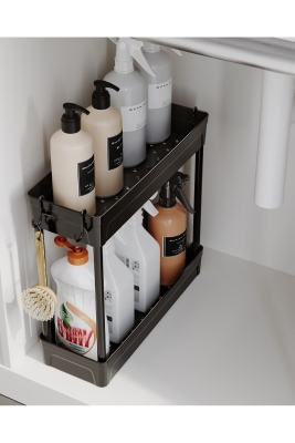 Çok Amaçlı 2 Katlı Evye Altı Düzenleyicisi Askılı Banyo Düzenleyici Kaydırmaz Tabanlı Siyah - Sas Haus