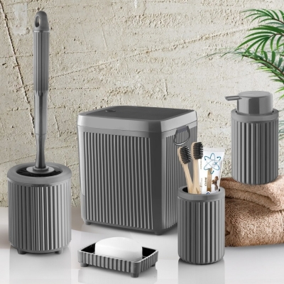 Gri 5 Lt Çöp Kovası, Tuvalet Kağıtlığı, WC Fırçası, Sıvı Sabunluk, Diş Fırçalık 5'li Banyo Seti - Sas Haus