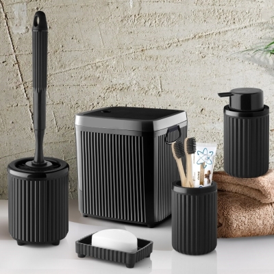 Siyah 5 Lt Çöp Kovası, Tuvalet Kağıtlığı, WC Fırçası, Sıvı Sabunluk, Diş Fırçalık 5'li Banyo Seti - 1