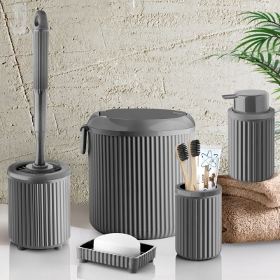 Çöp Kovası Tuvalet Fırçası Sıvı Sabunluk Diş Fırçalık Katı 5 Parça Banyo Seti 4 Litre Gri 3005 - Sas Haus