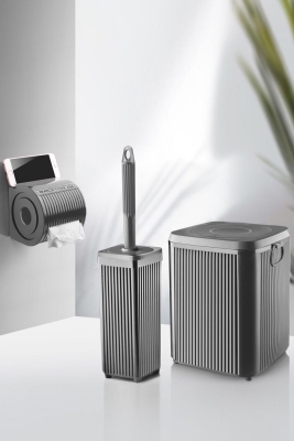 Gri 3'lü Çöp Kovası, Tuvalet/WC Fırçası, Tuvalet Kağıtlığı Banyo Seti - Sas Haus