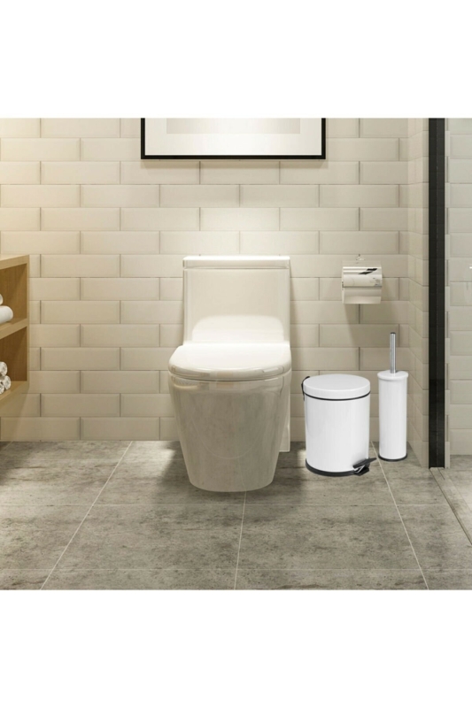 Beyaz 2'li Banyo Seti - 5LT Pedallı Çöp Kovası, Tuvalet / WC Fırçası Seti - 8