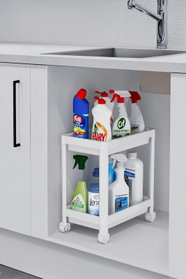 Flex Elite Pro 2 Katlı Beyaz Tekerlekli Çok Amaçlı Banyo & Mutfak Düzenleyici Raf - Evye Altı - 1