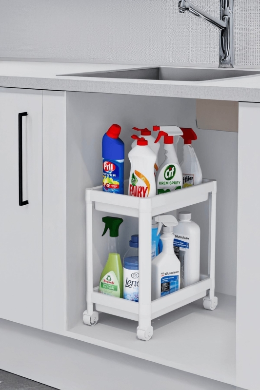 Flex Elite Pro 2 Katlı Beyaz Tekerlekli Çok Amaçlı Banyo & Mutfak Düzenleyici Raf - Evye Altı - 1