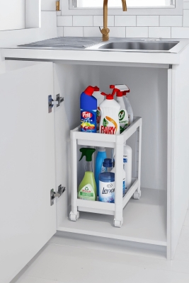 Flex Elite Pro 2 Katlı Beyaz Tekerlekli Çok Amaçlı Banyo & Mutfak Düzenleyici Raf - Evye Altı - 3