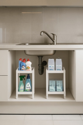 Flex Elite Pro 2 Katlı Beyaz Tekerlekli Çok Amaçlı Banyo & Mutfak Düzenleyici Raf - Evye Altı - 6