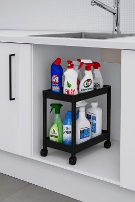 Flex Elite Pro 2 Katlı Siyah Tekerlekli Çok Amaçlı Banyo & Mutfak Düzenleyici Raf - 1