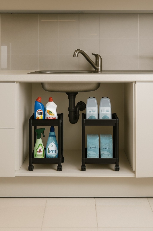 Flex Elite Pro 2 Katlı Siyah Tekerlekli Çok Amaçlı Banyo & Mutfak Düzenleyici Raf - 2