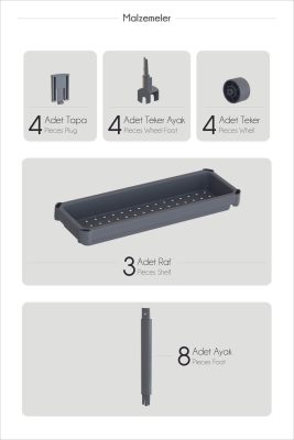 Flex Elite Pro 3 Katlı Beyaz Tekerlekli Çok Amaçlı Raf Ünitesi – Banyo, Mutfak & Organizer - S-75 - 7