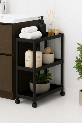 Flex Elite Pro 3 Katlı Mat Siyah Tekerlekli Çok Amaçlı Raf Ünitesi – Banyo, Mutfak & Organizer - 2