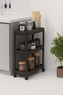 Flex Elite Pro 3 Katlı Mat Siyah Tekerlekli Çok Amaçlı Raf Ünitesi – Banyo, Mutfak & Organizer - 5