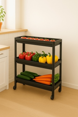 Flex Elite Pro 3 Katlı Mat Siyah Tekerlekli Çok Amaçlı Raf Ünitesi – Banyo, Mutfak & Organizer - Sas Haus