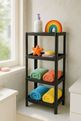 Flex Elite Pro 4 Katlı Mat Siyah Çok Amaçlı Raf Ünitesi – Banyo ve Mutfak Düzenleyici Raf - Sas Haus