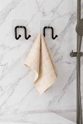 Güçlü Yapışkanlı Çift Kancalı Banyo ve Mutfak Askısı Metal Duvar Askılık Organizeri Siyah ( 2 Adet ) - Sas Haus