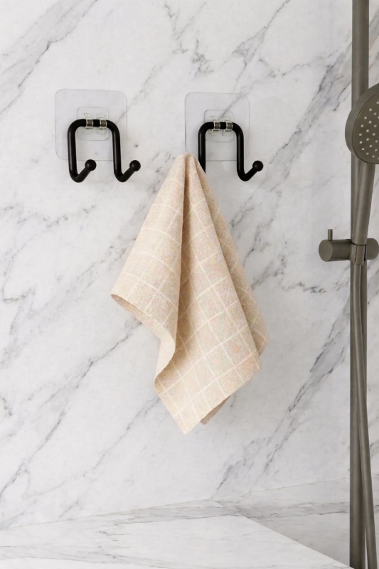 Güçlü Yapışkanlı Çift Kancalı Banyo ve Mutfak Askısı Metal Duvar Askılık Organizeri Siyah ( 2 Adet ) - 1