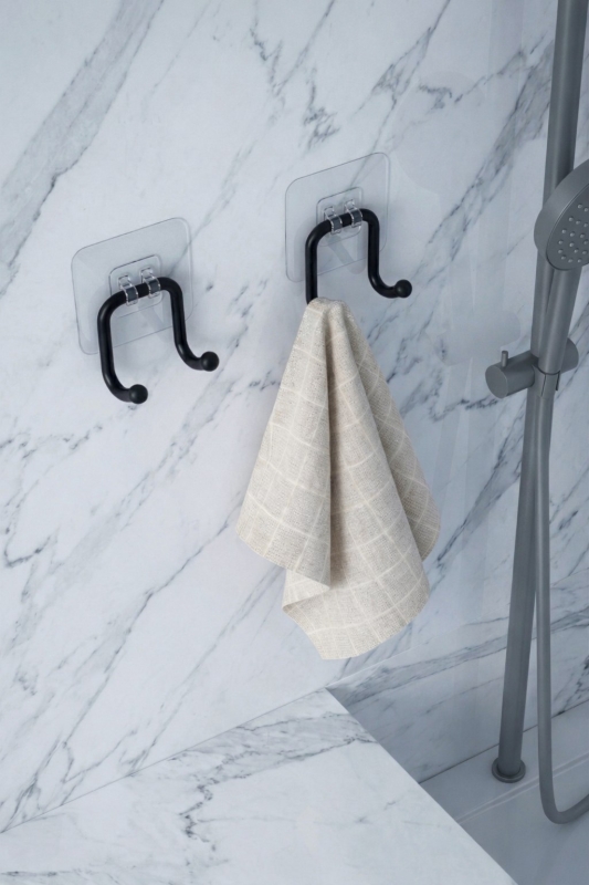 Güçlü Yapışkanlı Çift Kancalı Banyo ve Mutfak Askısı Metal Duvar Askılık Organizeri Siyah ( 2 Adet ) - 2