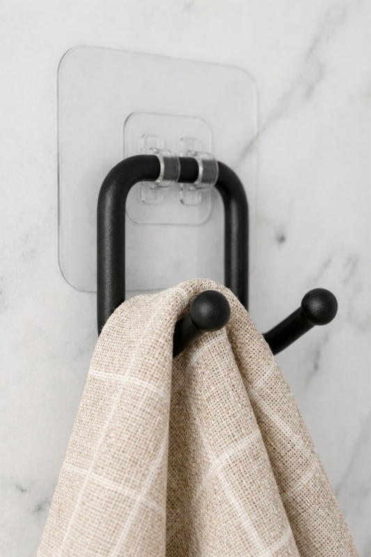 Güçlü Yapışkanlı Çift Kancalı Banyo ve Mutfak Askısı Metal Duvar Askılık Organizeri Siyah ( 2 Adet ) - 4