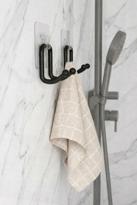 Güçlü Yapışkanlı Çift Kancalı Banyo ve Mutfak Askısı Metal Duvar Askılık Organizeri Siyah ( 2 Adet ) - 5