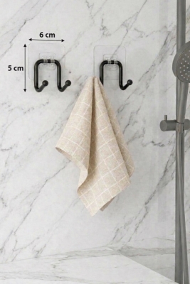 Güçlü Yapışkanlı Çift Kancalı Banyo ve Mutfak Askısı Metal Duvar Askılık Organizeri Siyah ( 2 Adet ) - 7