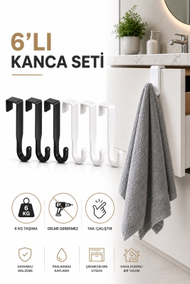 Kapı Üstü Askılık 6'lı Plastik Kanca Seti Havlu Bornoz Çanta Askısı Siyah Beyaz S-161 - Sas Haus