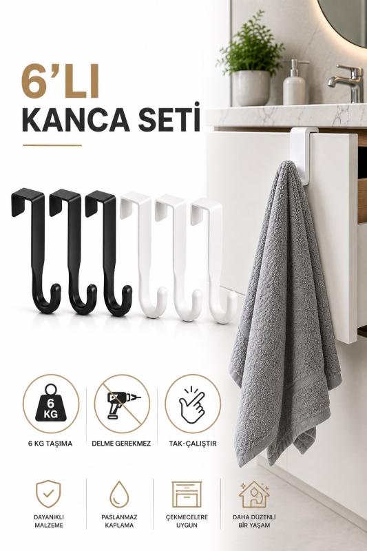 Kapı Üstü Askılık 6'lı Plastik Kanca Seti Havlu Bornoz Çanta Askısı Siyah Beyaz S-161 - 1