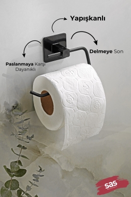 Siyah Kare Yapışkanlı Açık Tuvalet Kağıtlığı, WC Kağıtlık Tutucu - 2