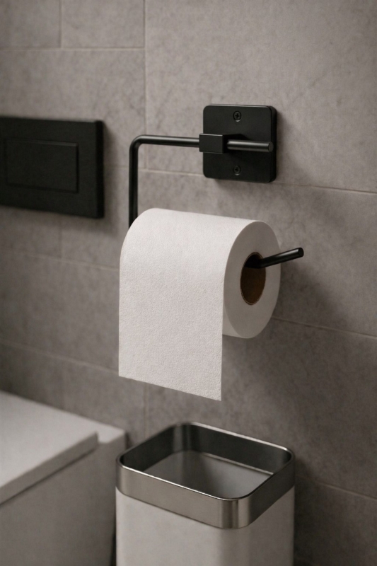 Siyah Kare Yapışkanlı Açık Tuvalet Kağıtlığı, WC Kağıtlık Tutucu - 1