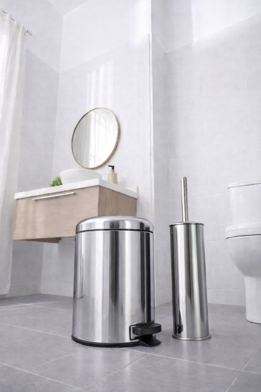 Krom 2'li Banyo Seti - Metal Çöp Kovası 3 Lt Ve Wc Fırçası Takımı Elit 7200 - 4