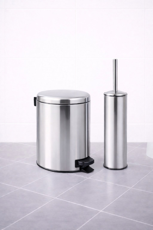 Krom 2'li Banyo Seti - Metal Çöp Kovası 3 Lt Ve Wc Fırçası Takımı Elit 7200 - 5